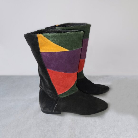 Yugoslavia Shoes - Vintage 60s 70s MOD Gogo Colorful Patchwork Hippie Boots Size 7.5 B Yugoslavia